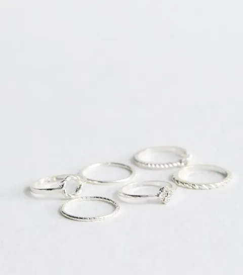 New Look 6 Pack of Silver Tone Flower Twist Diamanté Rings