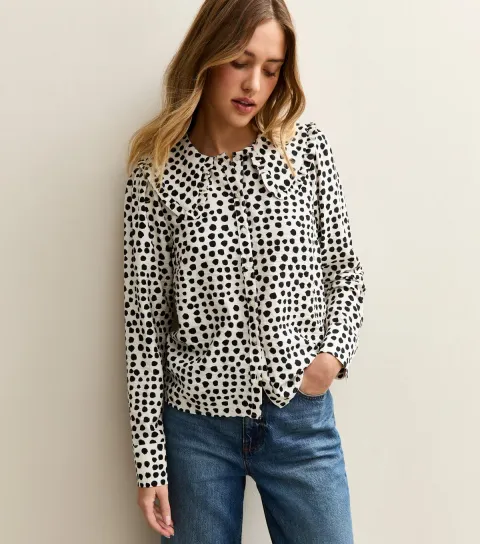 Women's White Spotty Frill Collar Shirt