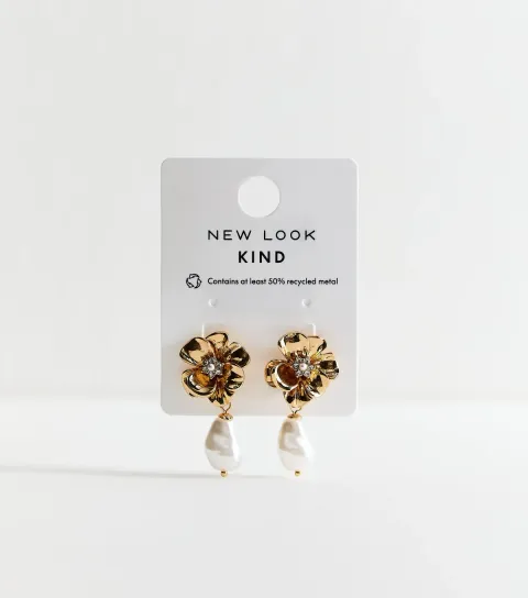 Gold Tone Faux Pearl Drop Floral Earrings