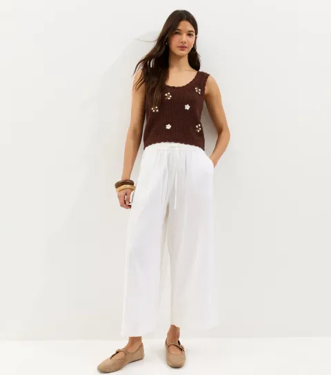 Women's White Linen Blend Crop Trousers