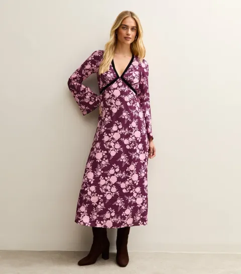 Women's Pink Floral Velvet Devore V-Neck Midi Dress