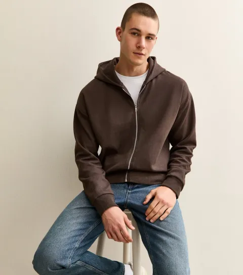 Men's Brown Oversized Zip Through Hoodie