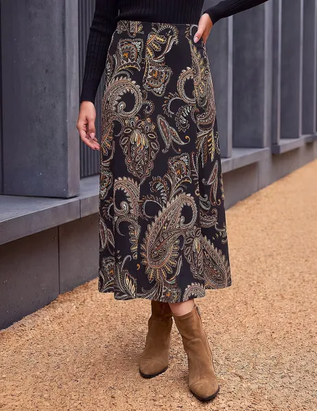 Roman Paisley Print A-Line Skirt Gold