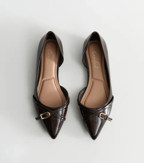 New Look Women's Dark Brown Faux Patent Leather Buckle Slingback Pumps Vegan