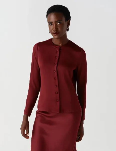 Ghost Satin Round Neck Button Through Blouse Burgundy