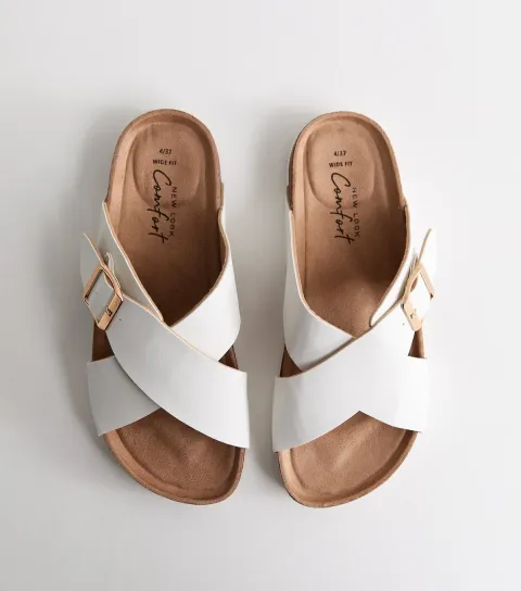New Look Women's Wide Fit White Faux Leather Cork Sole Sandals Vegan