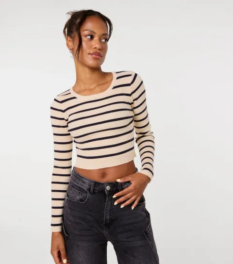 Pink Vanilla Women's Stone Striped Ribbed Long Sleeve Cropped Jumper