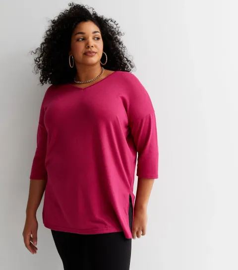New Look Women's Plus Size Bright Pink Fine Knit Long V Neck Top Curves
