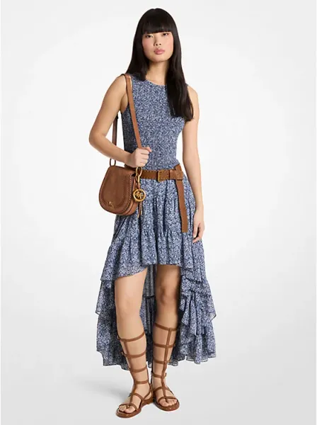 Smocked Floral Print Georgette High-Low Dress