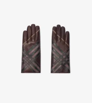 Check Intarsia Leather Gloves in Truffle brown