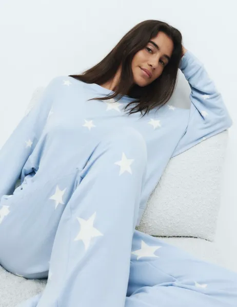 Marks & Spencer Flexifit Printed Wide Leg Lounge Set Blue Mix