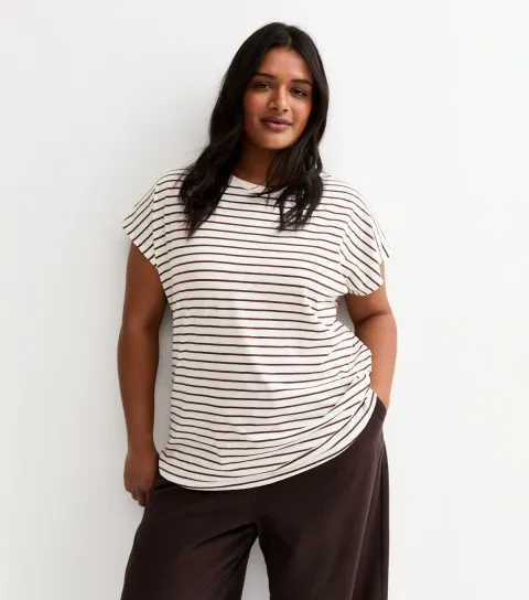 Women's Plus Size Cream and Brown Stripe Grown On Sleeves T-Shirt Curves