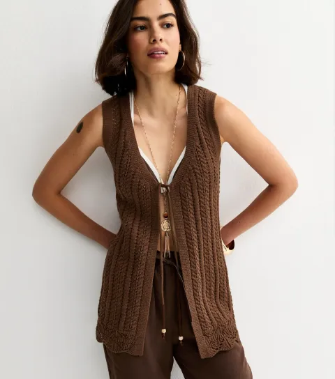 Women's Brown Cotton Rich Stitchy Knit Longline Tie Front Waistcoat
