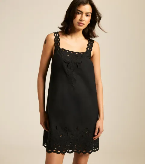 Women's Black Cutwork Embroidered Strappy Mini Dress