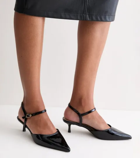 Women's Truffle Black Patent Faux Leather Ankle Strap Court Shoes
