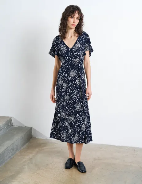 French Connection Polka Dot V-Neck Midi Tea Dress Blue Mix