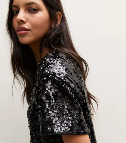 New Look Women's Black Sequin Short Sleeve T-Shirt