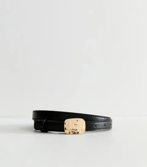 Black Faux Leather Hammered Buckle Skinny Belt