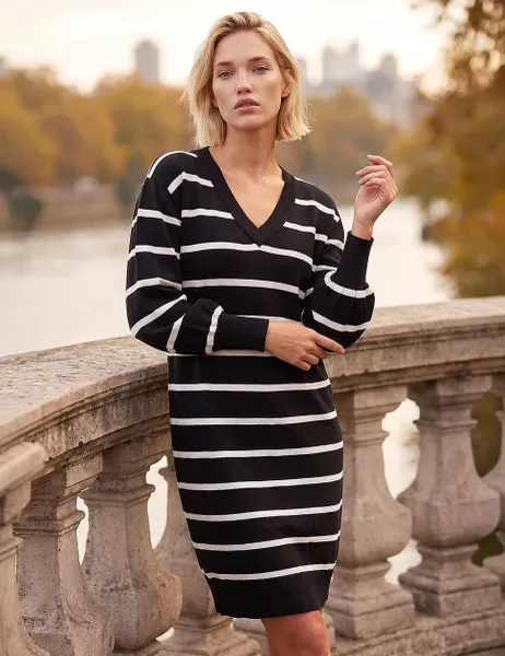 Roman Striped Knee Length Jumper Dress Black