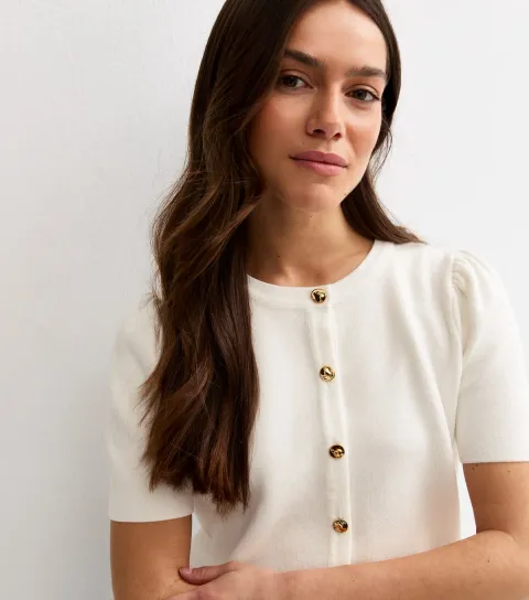 Women's Petite Cream Lightweight Knit Short Sleeve Cardigan