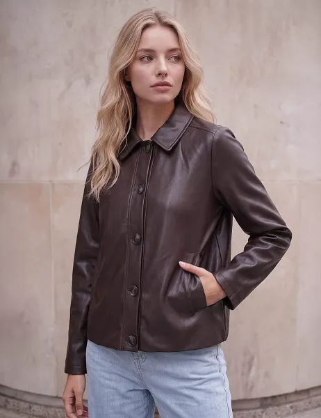 Roman Petite Faux Leather Button Jacket Chocolate
