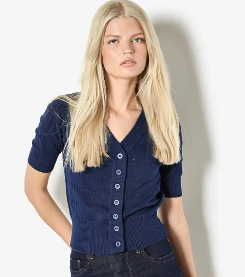 Women's Navy Stripe Knit Short Sleeve Cardigan