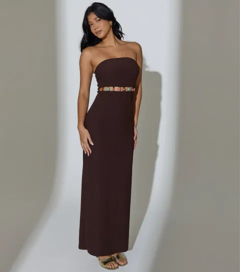 Women's Brown Textured Bead Trim Bandeau Maxi Dress