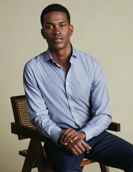 Charles Tyrwhitt Tailored Fit Non Iron Pure Cotton Striped Shirt Navy Mix