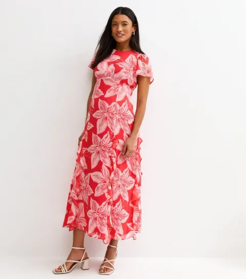 Women's Maternity Pink Chiffon Orchid Print Midi Dress