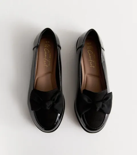 Women's Extra Wide Fit Black Bow Patent And Suede Look Flat Loafers