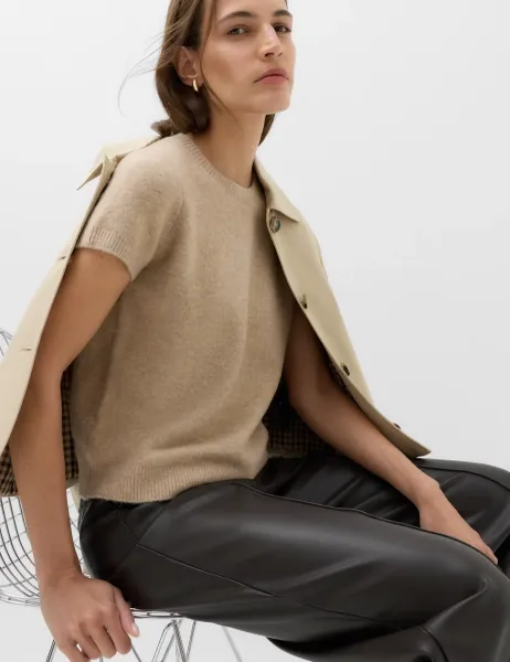 Marks & Spencer Crew Neck Short Knitted Top With Wool Medium Beige