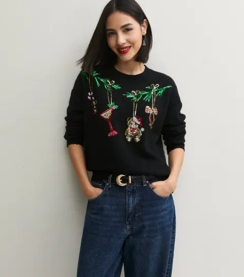 New Look Women's Black Xmas Sequin Bauble Crew Neck Jumper
