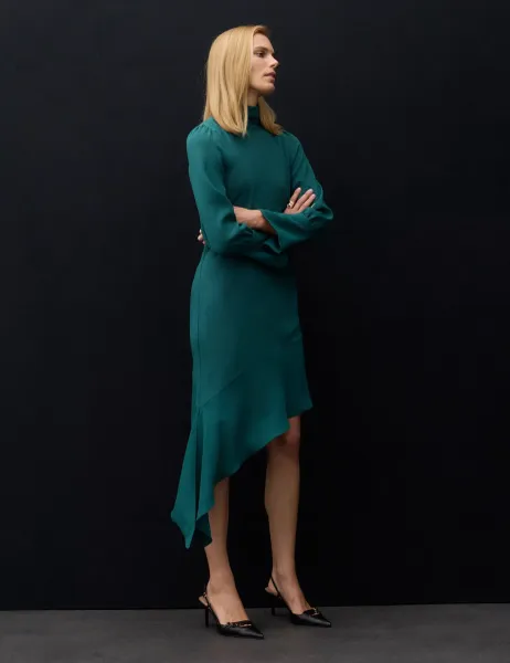 Autograph Satin Crepe Asymmetric Midi Waisted Dress Bottle Green