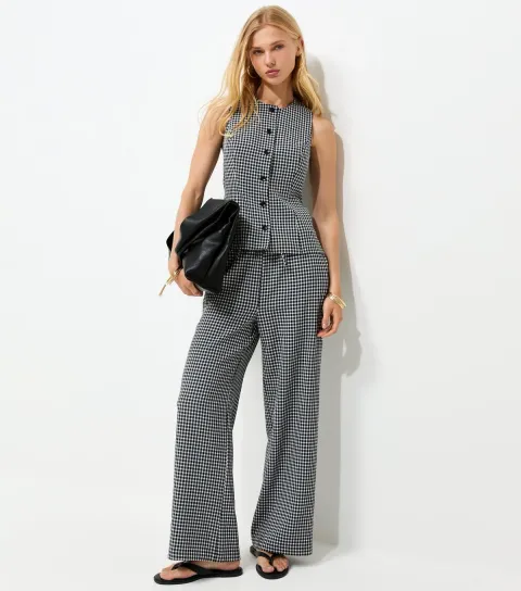Women's Black Gingham Print Button Front Waistcoat