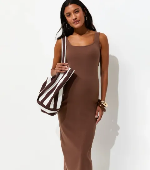Women's Maternity Dark Brown Square Neck Midi Dress