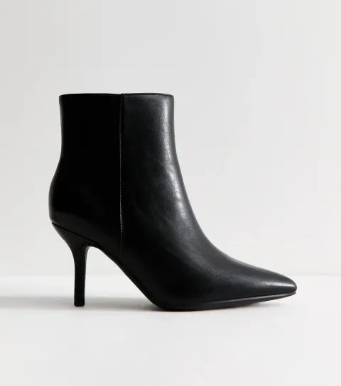 Women's Wide Fit Black Faux Leather Pointed Toe Stiletto Ankle Boots Vegan