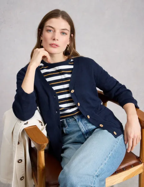 White Stuff Cotton Rich V-Neck Button Front Cardigan Navy