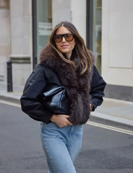 WAT THE BRAND Faux Fur Collared Bomber Jacket Black