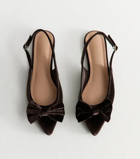 New Look Women's Dark Brown Velvet Bow Slingback Flats Vegan