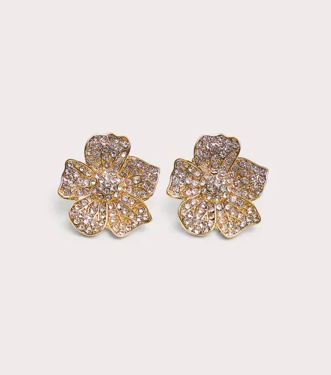 Gold Tone Diamante Floral Stud Earrings