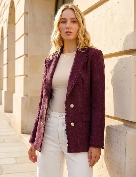 Roman Frayed Edge Boucle Jacket Dark Burgundy