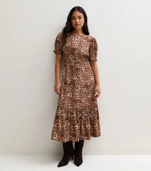 New Look Women's Petite Brown Crepe Leopard Print Short Sleeve Midi Dress