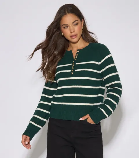 Gini London Women's Dark Green Horizontal Stripe Buttoned Jumper