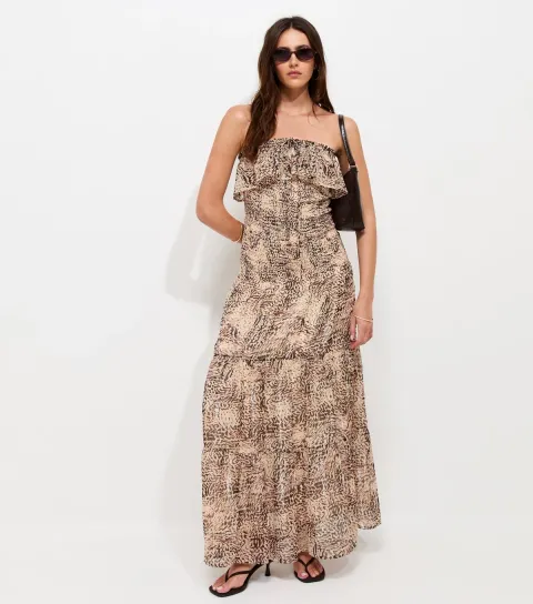 Women's Brown Metallic Leopard Print Halterneck Midi Dress