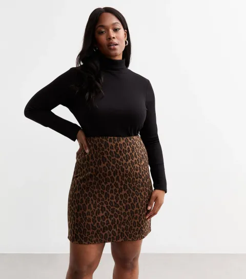 Women's Plus Size Brown Leopard Print Jacquard Mini Skirt Curves