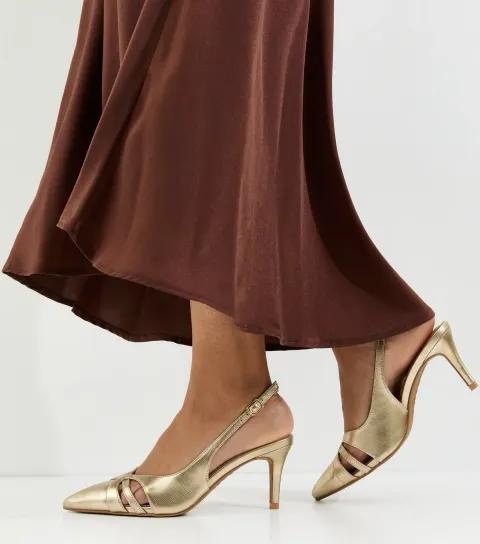 Women's Gold Faux Leather Cut Out Slingback Court Shoes Vegan