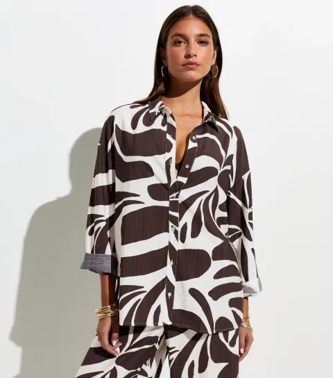 Women's Brown Woven Leaf Print Beach Shirt