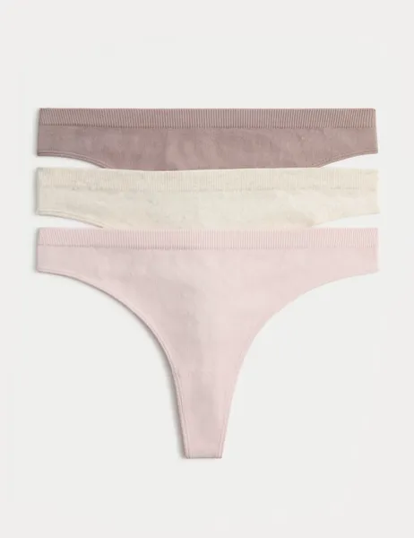 Marks & Spencer 3 Pack Comfort Rib Seamless Thongs Oatmeal Mix