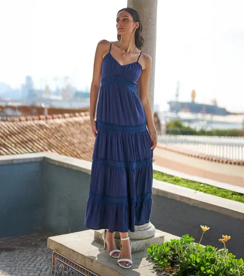 Women's Navy Lace Tier Maxi Dress