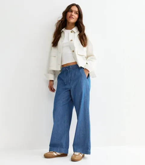 Women's Petite Mid Blue Wash Chambray Denim Wide Leg Trousers